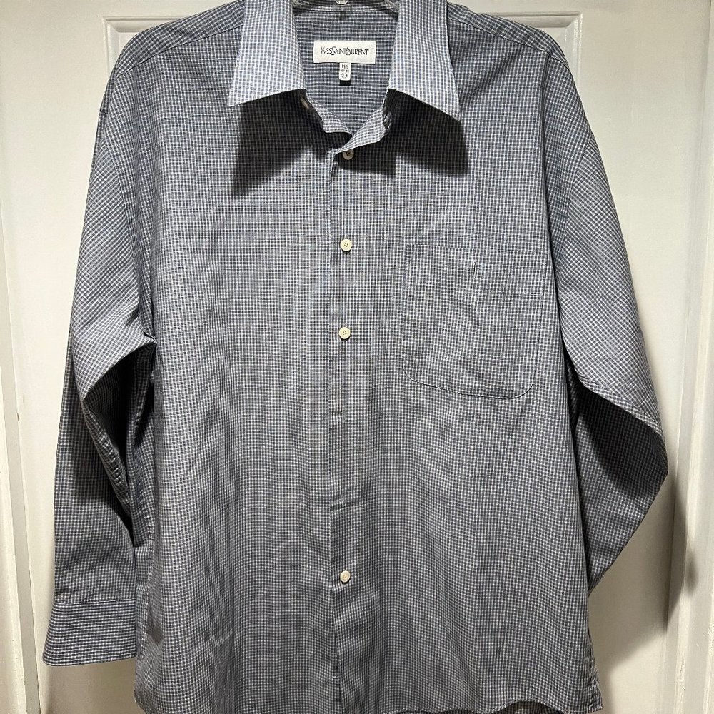 Fine YSL Cotton Blue Plaid Dress Shirt